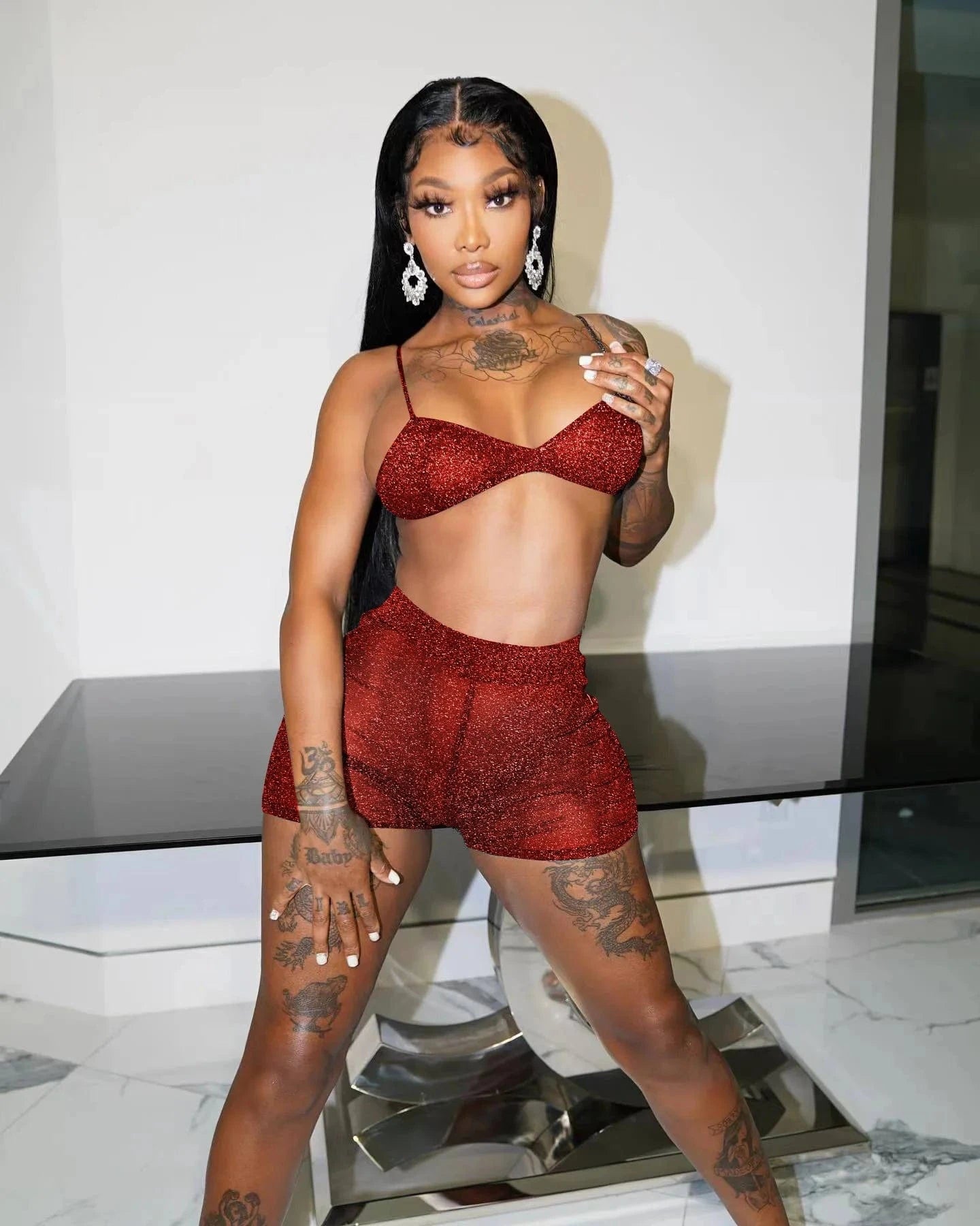 Y2K 2 Piece Set Women Shorts Set Semi-Transparent Women Tank Top and Shorts Set Metallic Shorts Sequins Glitter Sexy Two Piece