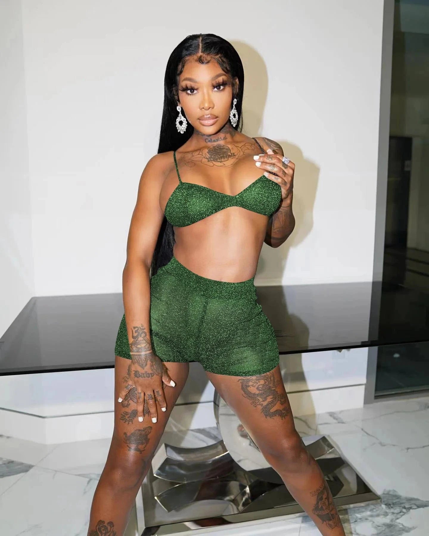 Y2K 2 Piece Set Women Shorts Set Semi-Transparent Women Tank Top and Shorts Set Metallic Shorts Sequins Glitter Sexy Two Piece