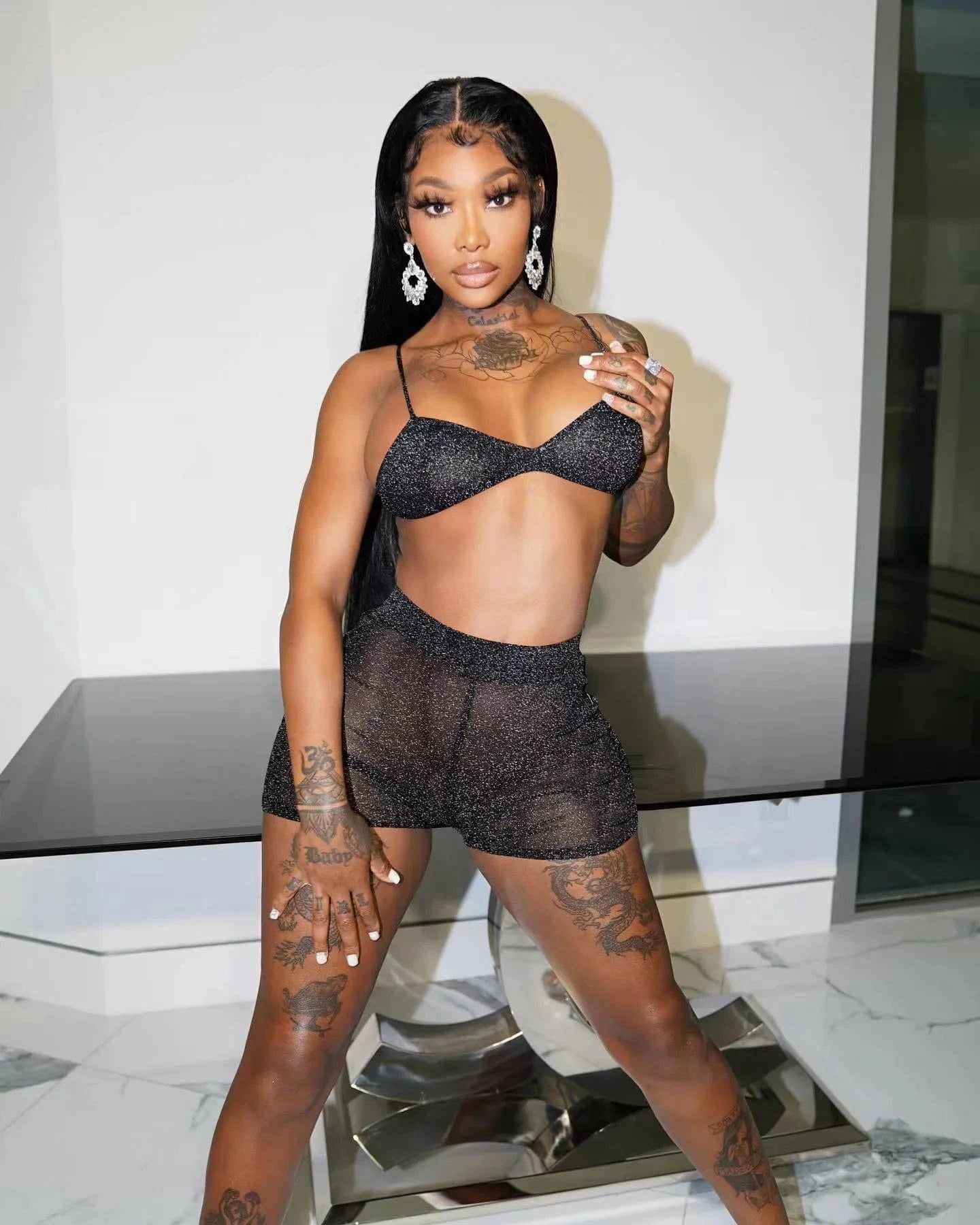 Y2K 2 Piece Set Women Shorts Set Semi-Transparent Women Tank Top and Shorts Set Metallic Shorts Sequins Glitter Sexy Two Piece