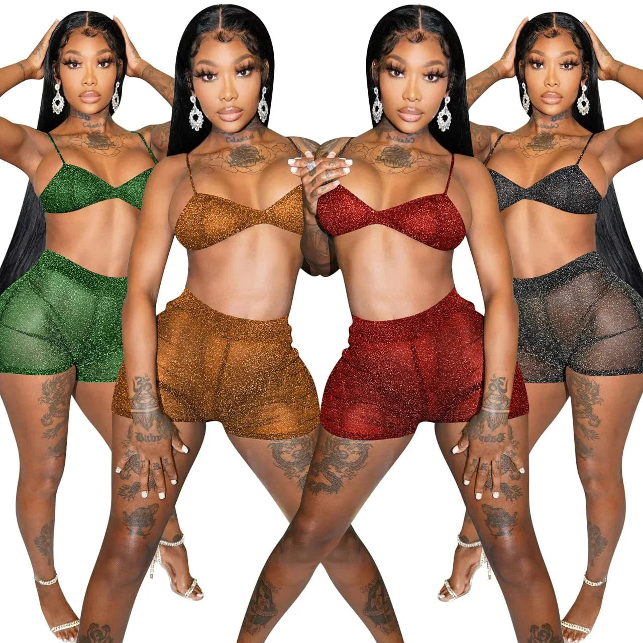 Y2K 2 Piece Set Women Shorts Set Semi-Transparent Women Tank Top and Shorts Set Metallic Shorts Sequins Glitter Sexy Two Piece