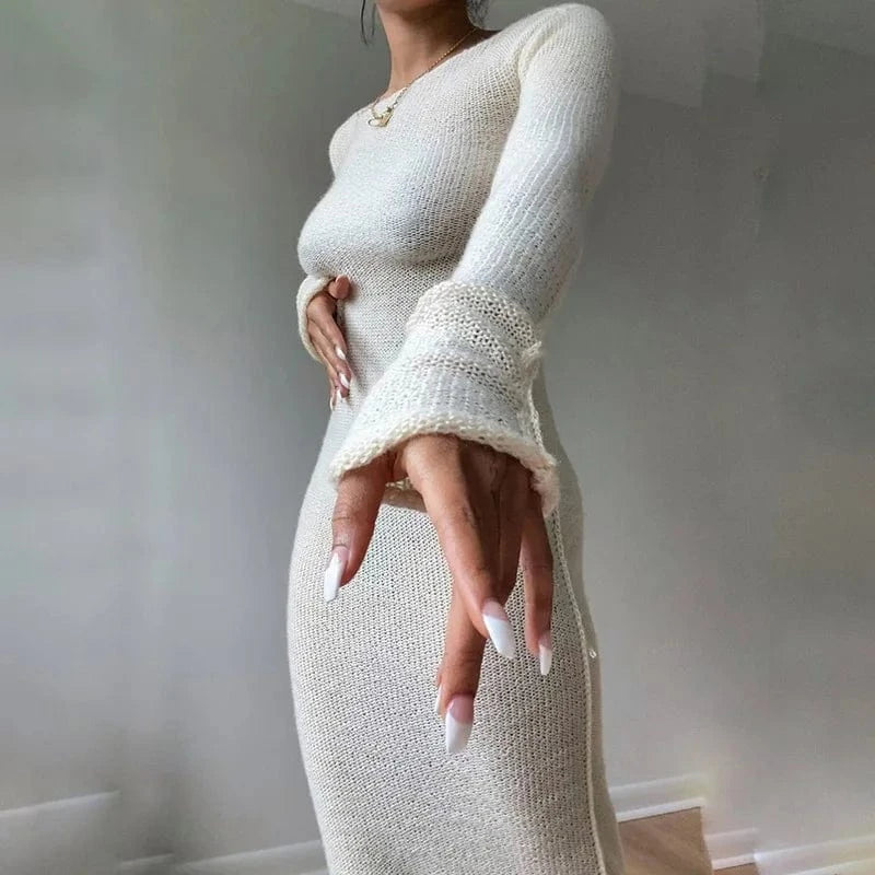Y2K Basic O-neck Long Sleeve Maxi Dress Women Autumn Knitted Bodycon Dress Fairy Christmas party Dress Casual Streetwear