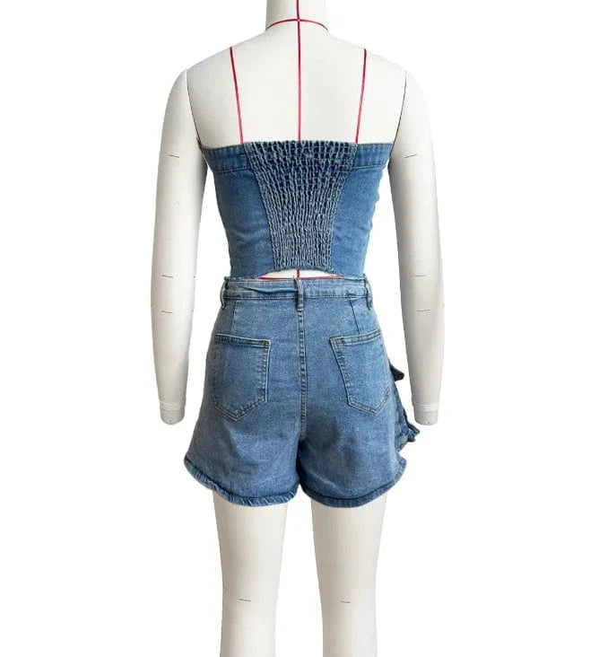 Y2K Jean Shorts Outfits Summer 2024 Sleeveless Tube Top With Cargo Pockets Skirt Shorts Suits Women Two Piece Denim Shorts Set