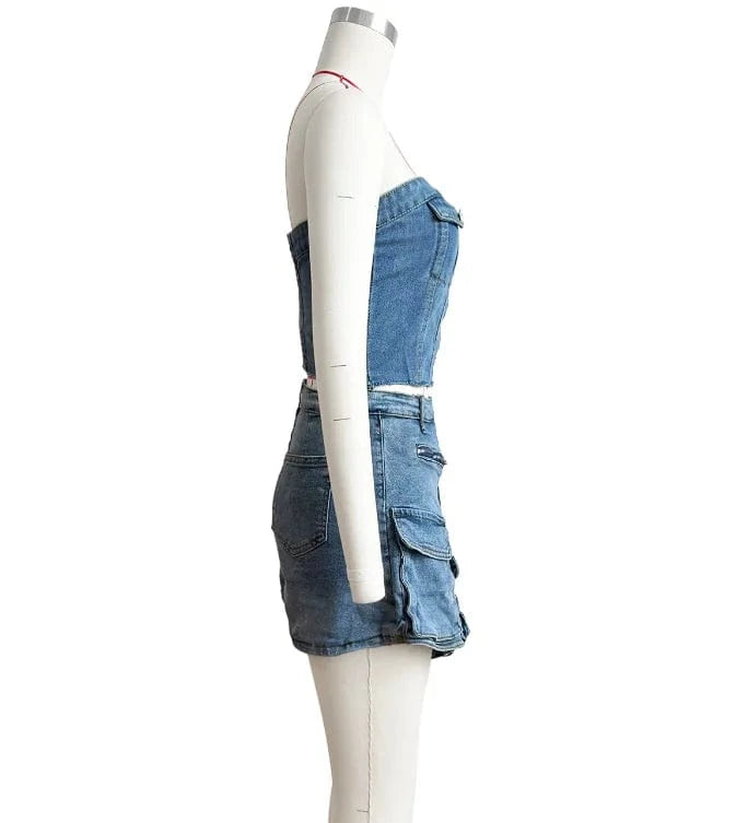 Y2K Jean Shorts Outfits Summer 2024 Sleeveless Tube Top With Cargo Pockets Skirt Shorts Suits Women Two Piece Denim Shorts Set