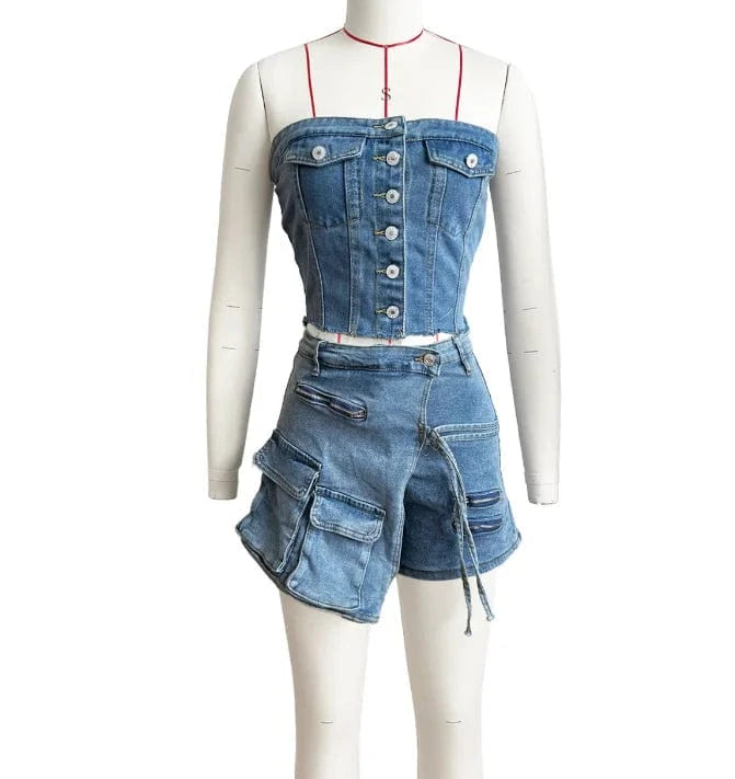 Y2K Jean Shorts Outfits Summer 2024 Sleeveless Tube Top With Cargo Pockets Skirt Shorts Suits Women Two Piece Denim Shorts Set