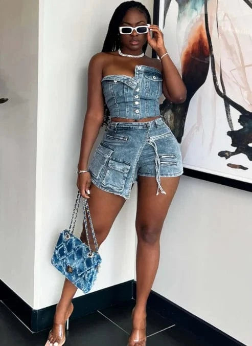 Y2K Jean Shorts Outfits Summer 2024 Sleeveless Tube Top With Cargo Pockets Skirt Shorts Suits Women Two Piece Denim Shorts Set