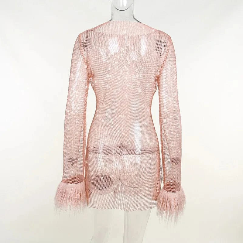Y2K Ladies sexy club nightdress mesh dress long-sleeved see through dress with feather autumn boutique women's clothing