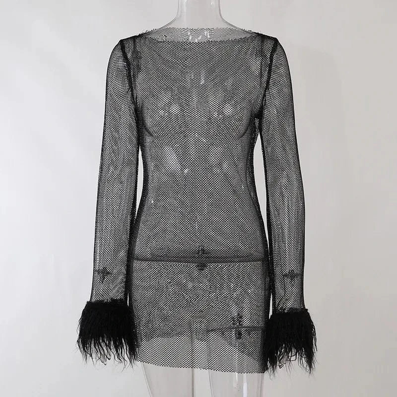Y2K Ladies sexy club nightdress mesh dress long-sleeved see through dress with feather autumn boutique women's clothing