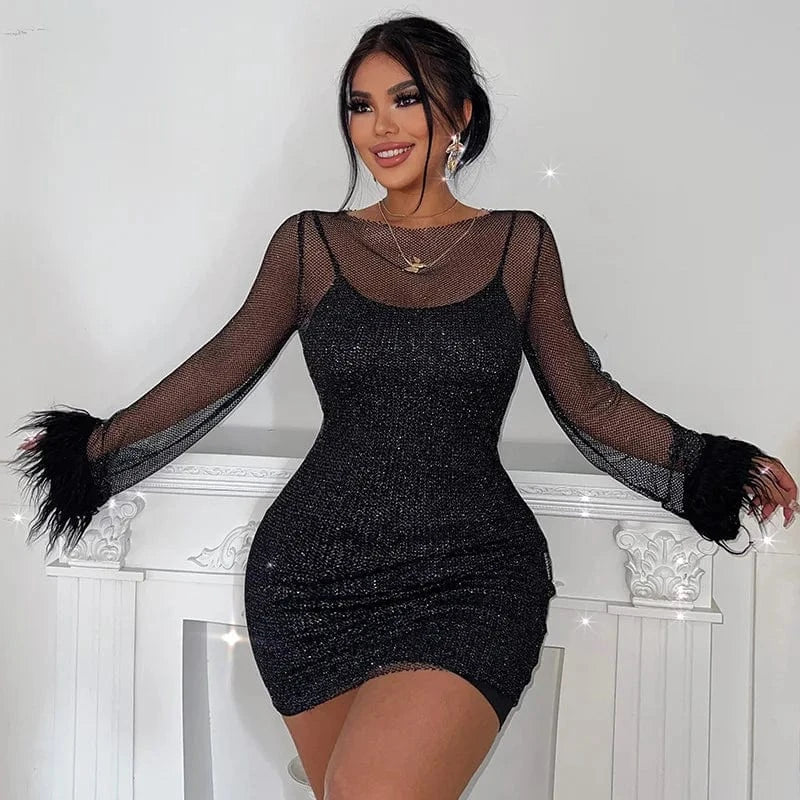 Y2K Ladies sexy club nightdress mesh dress long-sleeved see through dress with feather autumn boutique women's clothing