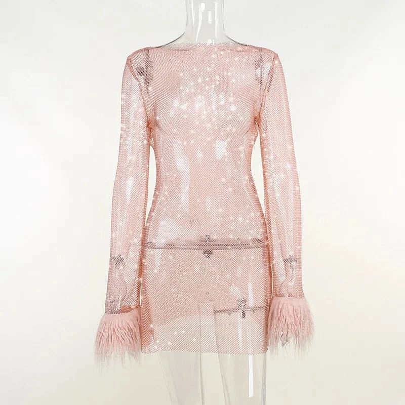 Y2K Ladies sexy club nightdress mesh dress long-sleeved see through dress with feather autumn boutique women's clothing