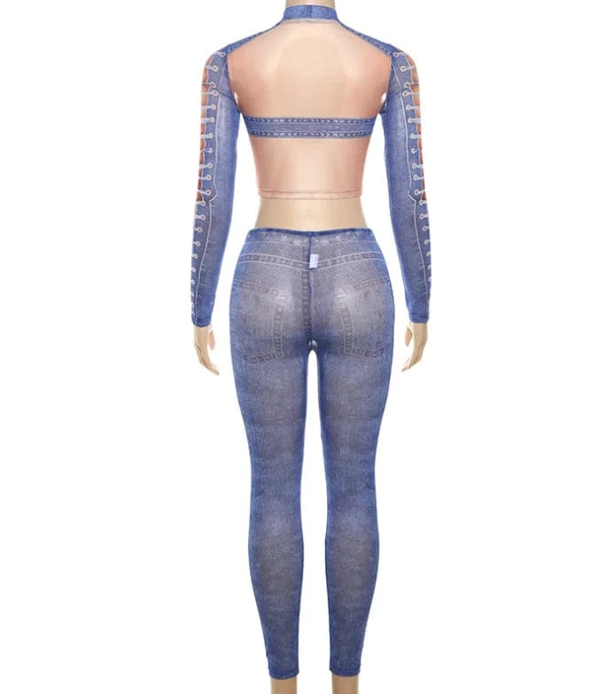 Y2K Outfits Spring Clothes 2024 New Fashion Denim Printed Crop Top Two Piece Pants Set Sexy Mesh Women Set
