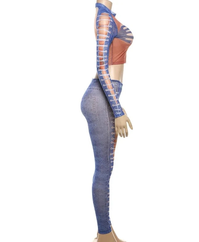 Y2K Outfits Spring Clothes 2024 New Fashion Denim Printed Crop Top Two Piece Pants Set Sexy Mesh Women Set