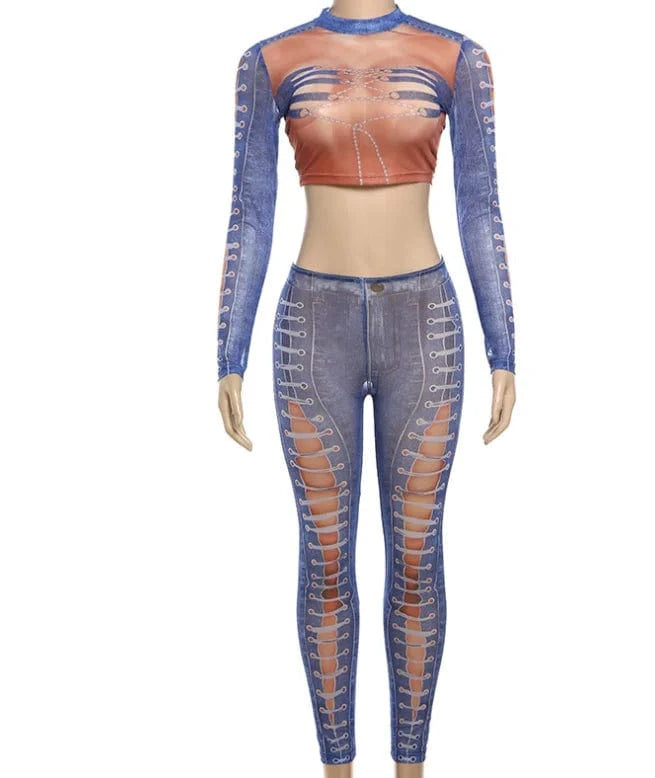 Y2K Outfits Spring Clothes 2024 New Fashion Denim Printed Crop Top Two Piece Pants Set Sexy Mesh Women Set