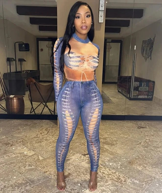 Y2K Outfits Spring Clothes 2024 New Fashion Denim Printed Crop Top Two Piece Pants Set Sexy Mesh Women Set