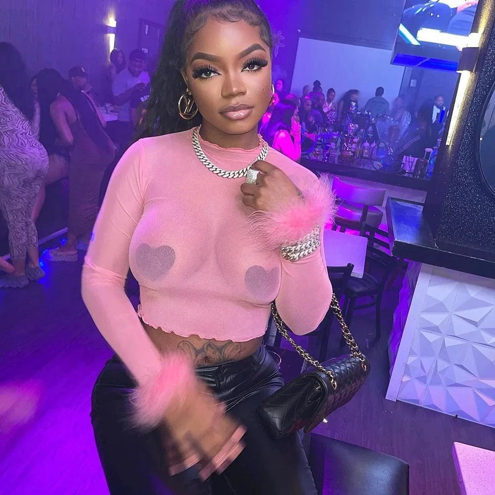 Y2K Pink Fall Womens Crop Top Sexy Pullover Long Sleeve T-Shirt Women Clothing Ladies Mesh See Through Tops with Feathers