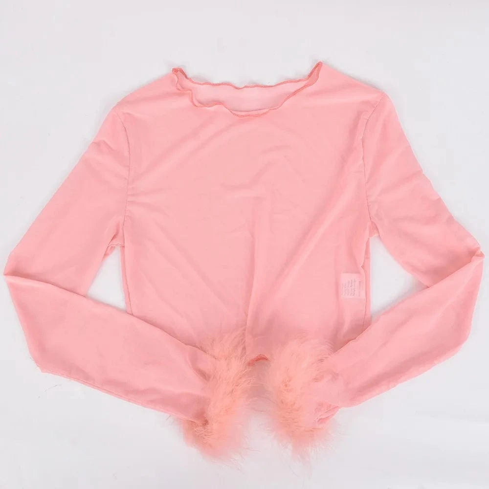 Y2K Pink Fall Womens Crop Top Sexy Pullover Long Sleeve T-Shirt Women Clothing Ladies Mesh See Through Tops with Feathers