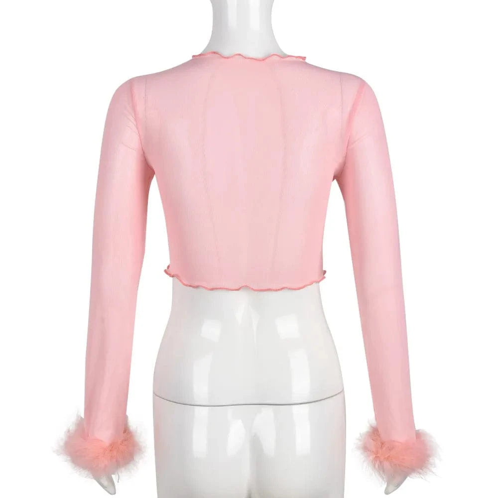 Y2K Pink Fall Womens Crop Top Sexy Pullover Long Sleeve T-Shirt Women Clothing Ladies Mesh See Through Tops with Feathers