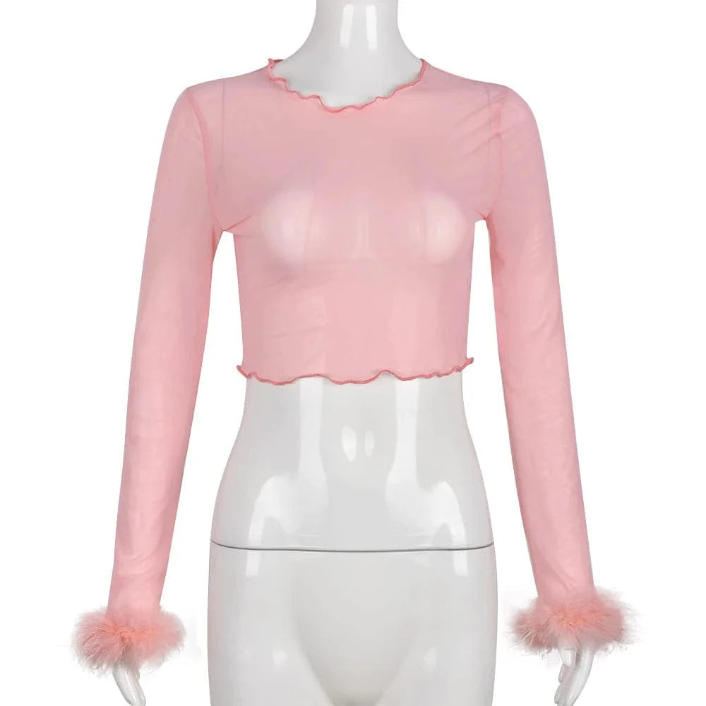 Y2K Pink Fall Womens Crop Top Sexy Pullover Long Sleeve T-Shirt Women Clothing Ladies Mesh See Through Tops with Feathers