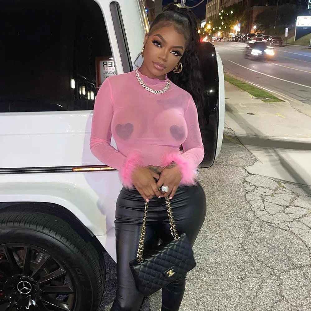 Y2K Pink Fall Womens Crop Top Sexy Pullover Long Sleeve T-Shirt Women Clothing Ladies Mesh See Through Tops with Feathers