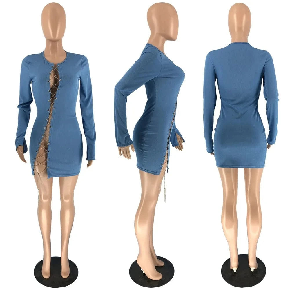 Y2K Women Lace up dress long trumpet sleeved solid bodycon dress autumn boutique women's clothing