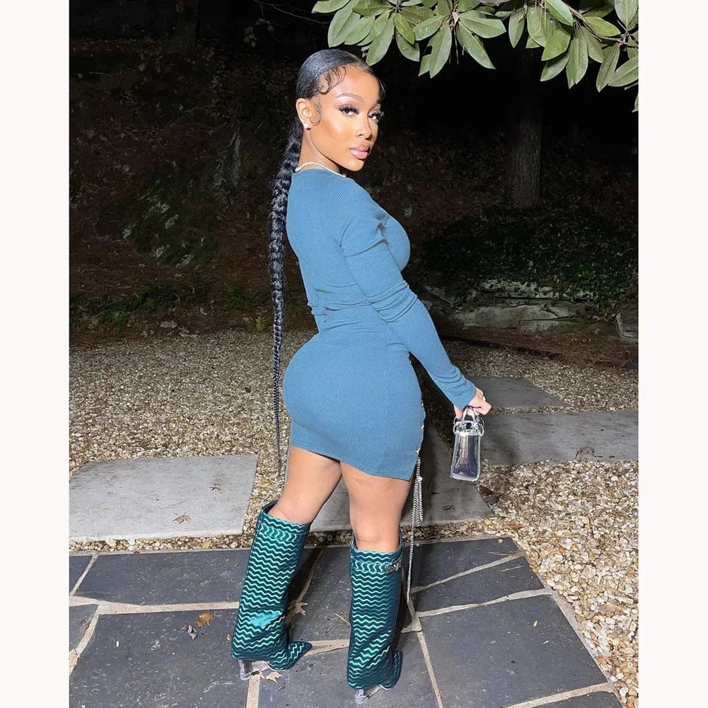 Y2K Women Lace up dress long trumpet sleeved solid bodycon dress autumn boutique women's clothing