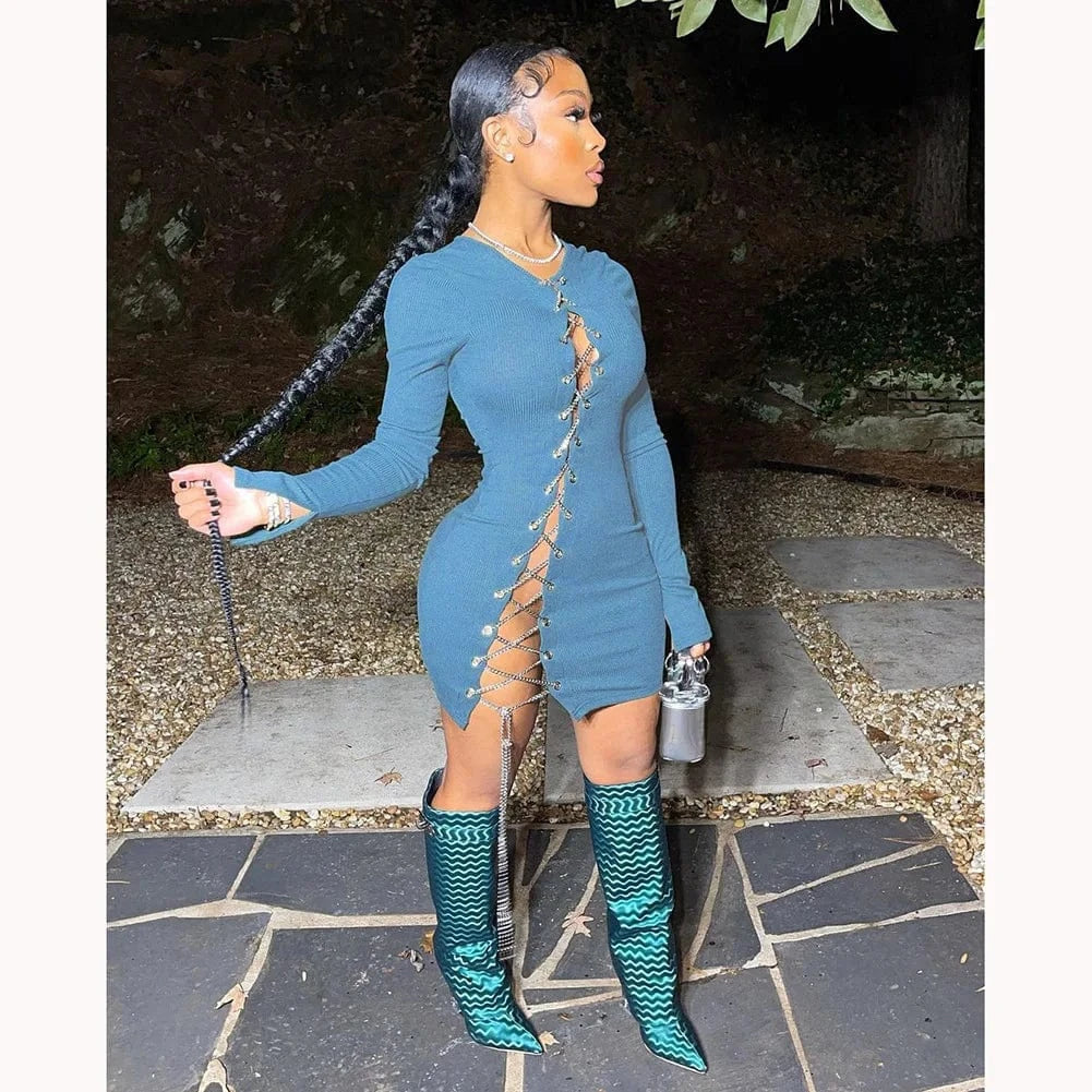 Y2K Women Lace up dress long trumpet sleeved solid bodycon dress autumn boutique women's clothing