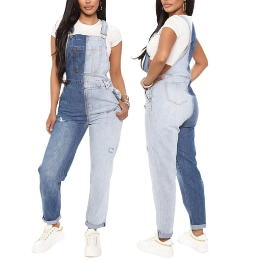 Y5523 New Fashion Patchwork Denim Overalls Pocket Women Slim Fit Jeans Romper Sleeveless Strap Denim Jumpsuits