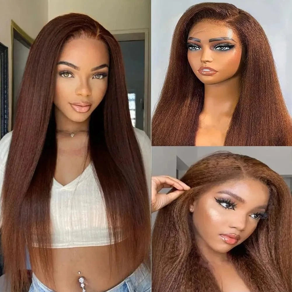 Yaki Straight / 10 Inches #33 Auburn Brown Red Color Curly Body Wave 13x4 Lace Frontal Wigs Transparent Lace Glueless Human Hair Wig