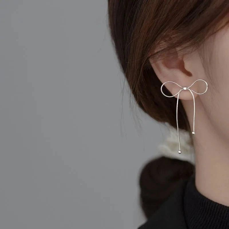 YB-A4419 silver Korean Style 925 Sterling Silver Fashion Big Bowknot Shape Ball Drop Earrings For Women