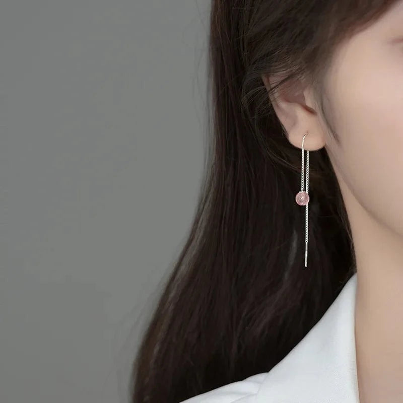 YB-A4445 Silver 1 Pair Wholesale Round Strawberry Long Ear Line Drop Earrings 925 Sterling Silver Women Jewelry Gifts