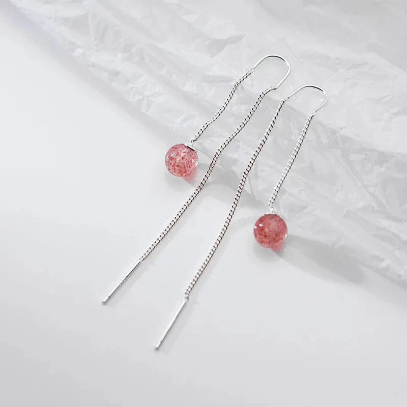 YB-A4445 Silver 1 Pair Wholesale Round Strawberry Long Ear Line Drop Earrings 925 Sterling Silver Women Jewelry Gifts