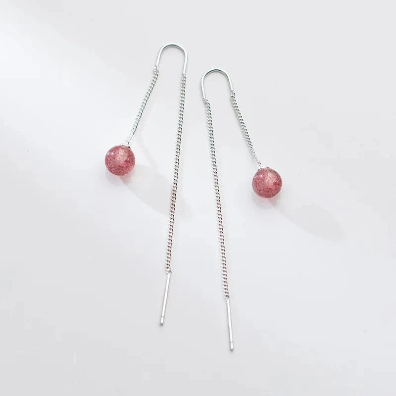 YB-A4445 Silver 1 Pair Wholesale Round Strawberry Long Ear Line Drop Earrings 925 Sterling Silver Women Jewelry Gifts