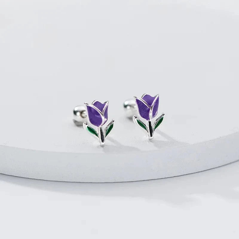 YB-A4988 Purple Fashion Colorful Enamel Tulips Flower Shape Screw Ball Stud Earrings Wholesale 925 Sterling Silver Girls Summer Jewelry Gifts