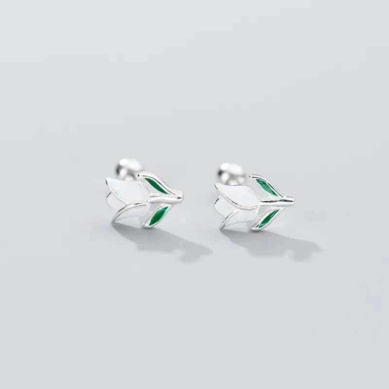 YB-A4988 White Fashion Colorful Enamel Tulips Flower Shape Screw Ball Stud Earrings Wholesale 925 Sterling Silver Girls Summer Jewelry Gifts