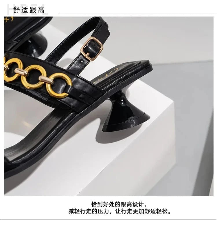 YC 2023 New design square head chain high heel sandals women's fashion open toe buckle sandals