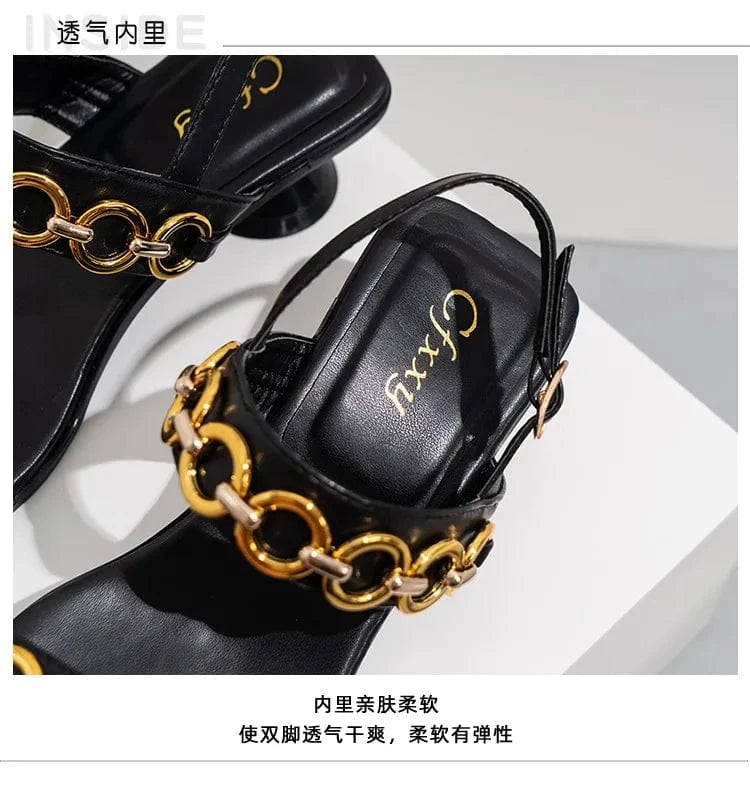 YC 2023 New design square head chain high heel sandals women's fashion open toe buckle sandals