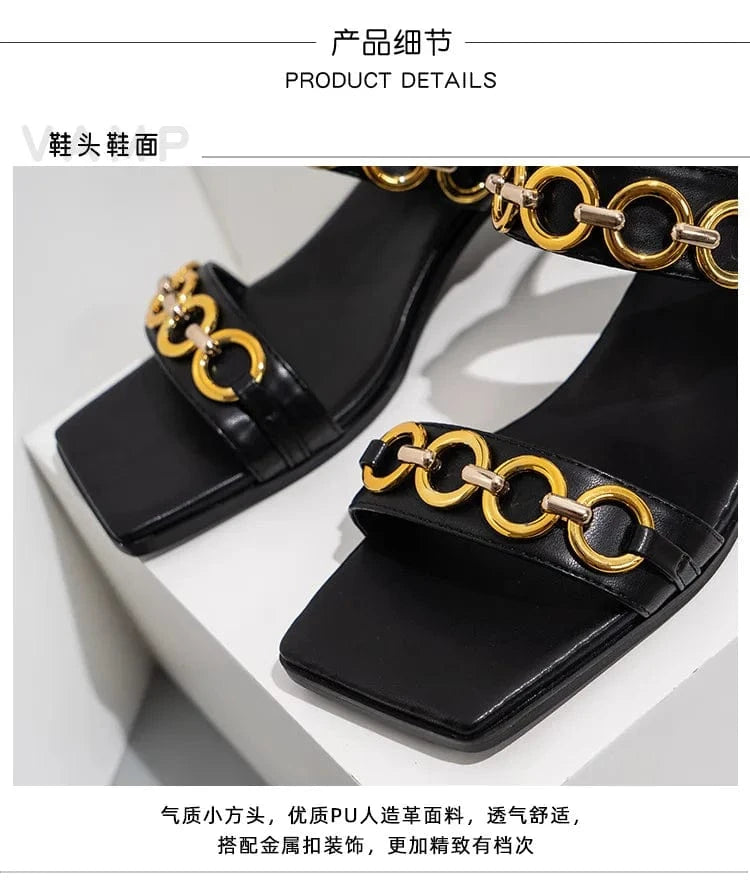 YC 2023 New design square head chain high heel sandals women's fashion open toe buckle sandals