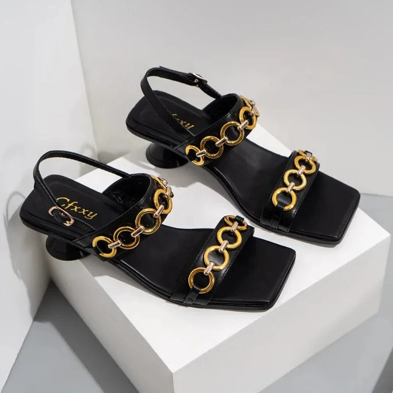 YC 2023 New design square head chain high heel sandals women's fashion open toe buckle sandals