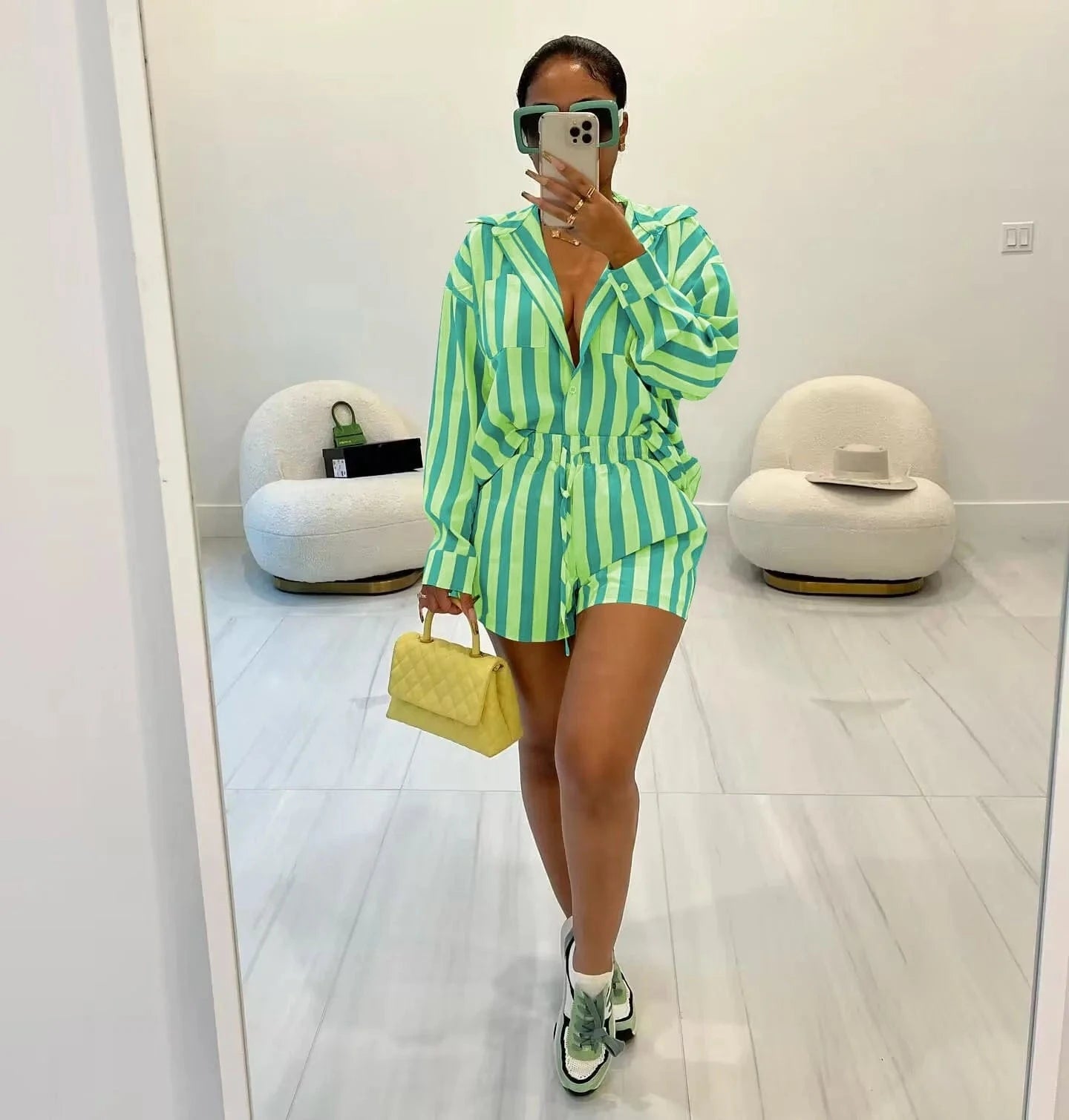 YD8762 New collection fall 2024 women clothes stripe long sleeve shirts mini shorts women's sets casual loungewear two piece set