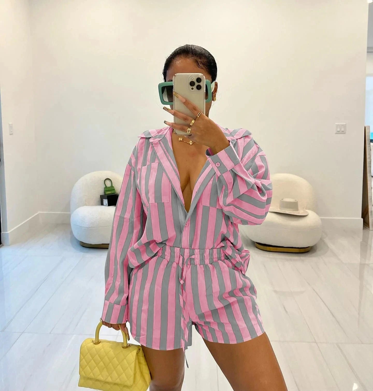 YD8762 New collection fall 2024 women clothes stripe long sleeve shirts mini shorts women's sets casual loungewear two piece set