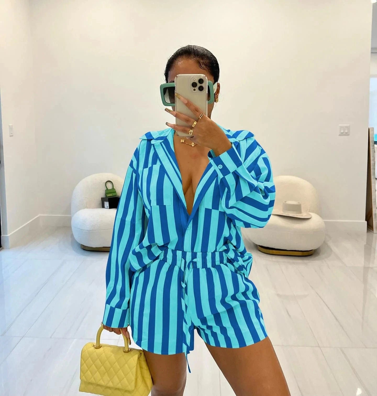 YD8762 New collection fall 2024 women clothes stripe long sleeve shirts mini shorts women's sets casual loungewear two piece set