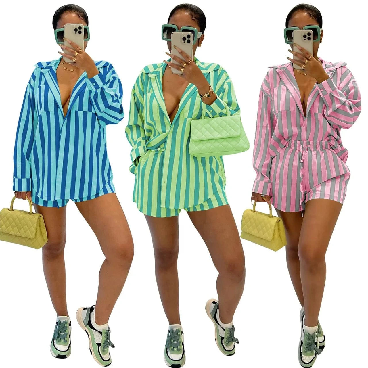 YD8762 New collection fall 2024 women clothes stripe long sleeve shirts mini shorts women's sets casual loungewear two piece set