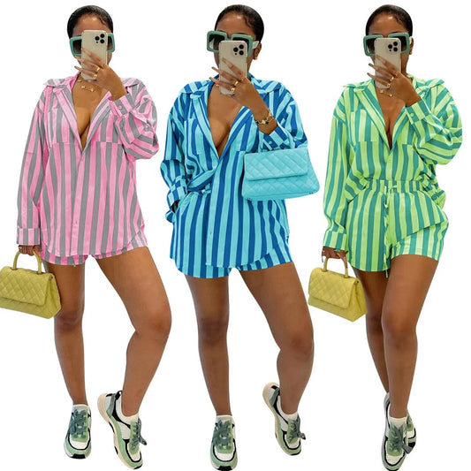 YD8762 New collection fall 2024 women clothes stripe long sleeve shirts mini shorts women's sets casual loungewear two piece set
