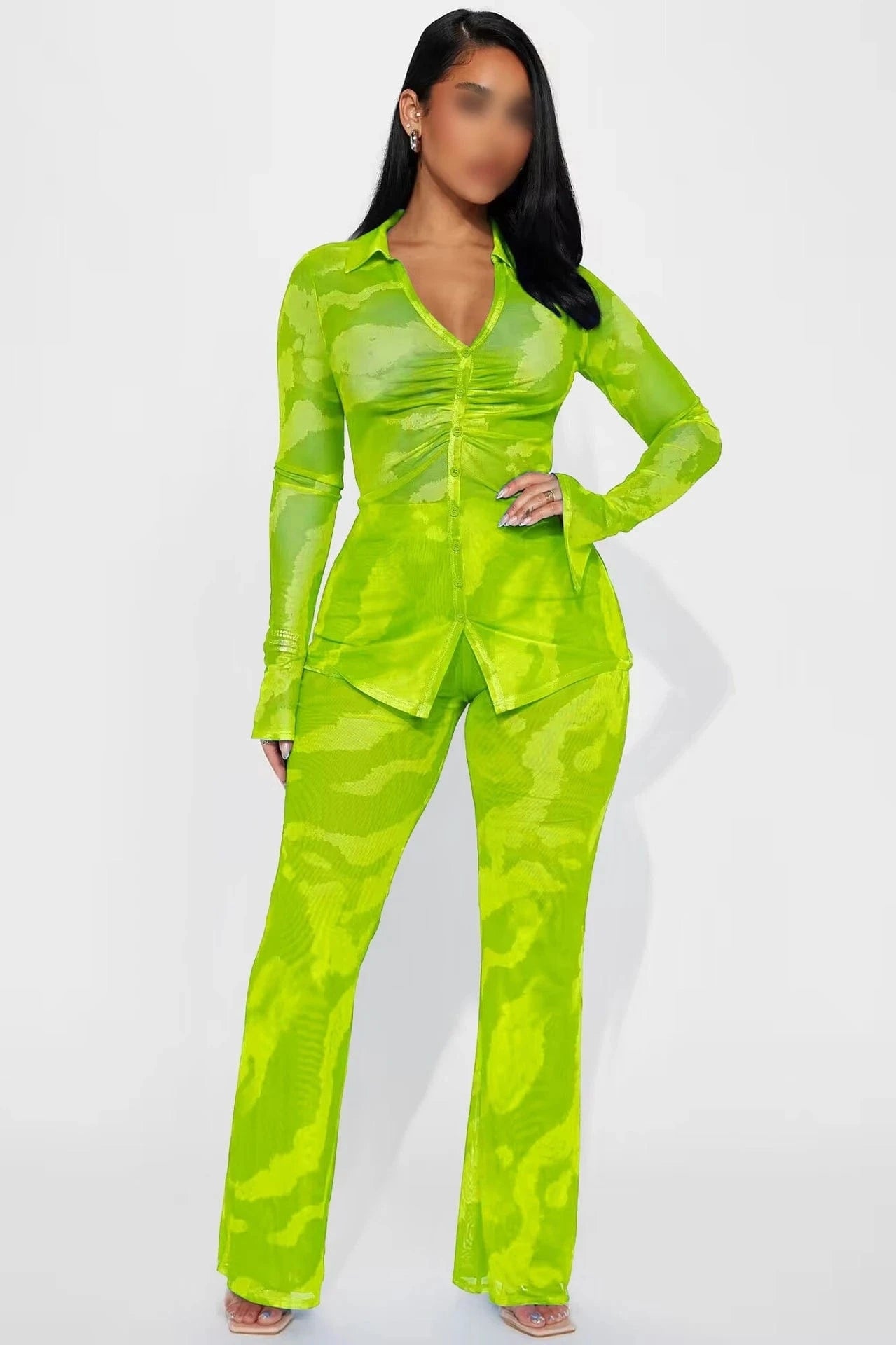 YD8772-C6 Wholesale Fall Women's Flare Sleeve Sexy Set Casual V-neck Print Mesh Apron Sexy 2024 Two Piece Sets For Women