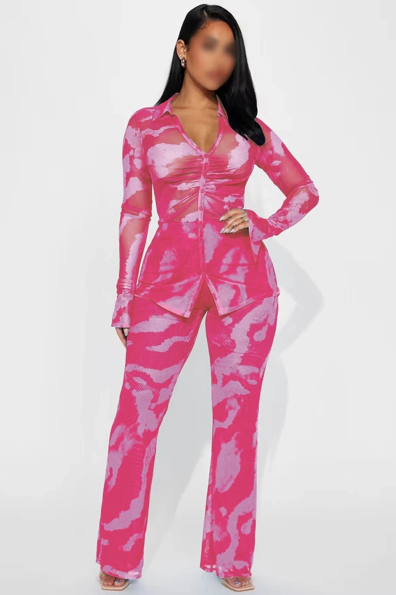 YD8772-C6 Wholesale Fall Women's Flare Sleeve Sexy Set Casual V-neck Print Mesh Apron Sexy 2024 Two Piece Sets For Women