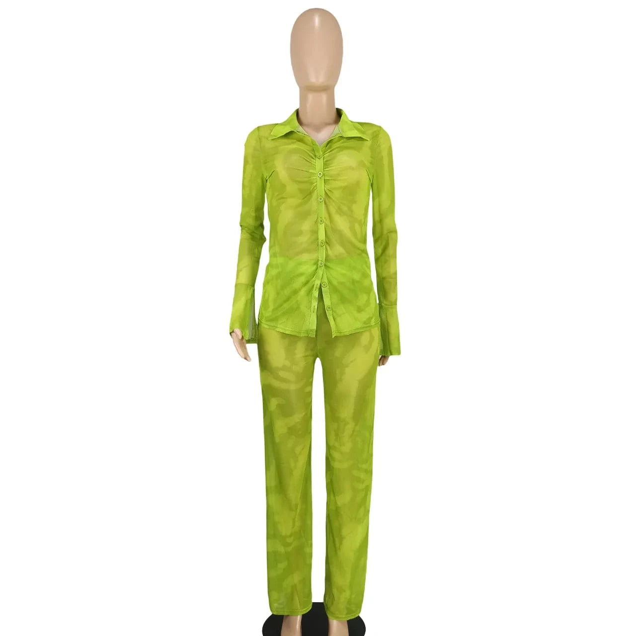 YD8772-C6 Wholesale Fall Women's Flare Sleeve Sexy Set Casual V-neck Print Mesh Apron Sexy 2024 Two Piece Sets For Women