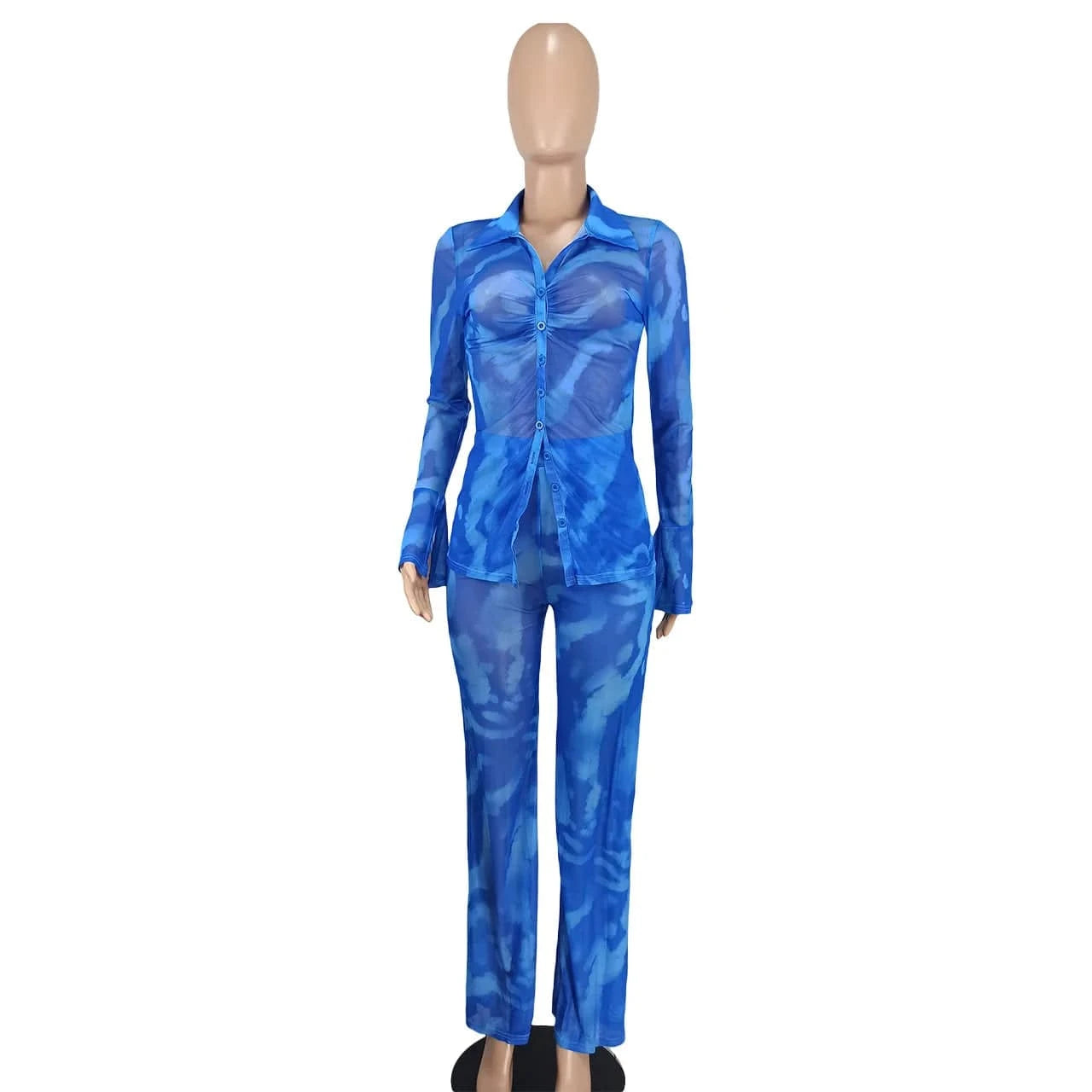 YD8772-C6 Wholesale Fall Women's Flare Sleeve Sexy Set Casual V-neck Print Mesh Apron Sexy 2024 Two Piece Sets For Women