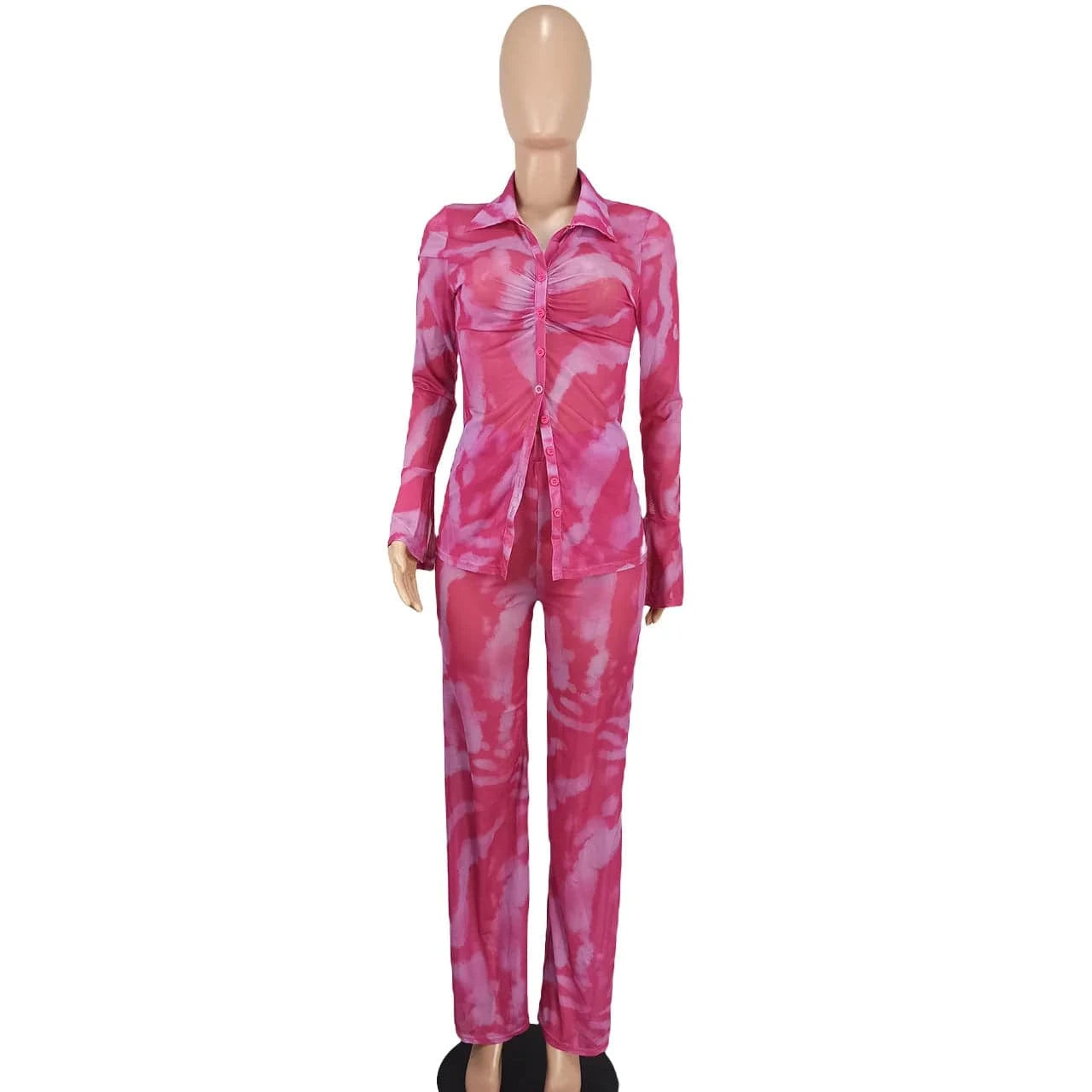 YD8772-C6 Wholesale Fall Women's Flare Sleeve Sexy Set Casual V-neck Print Mesh Apron Sexy 2024 Two Piece Sets For Women