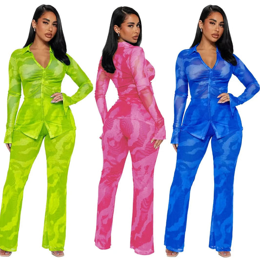 YD8772-C6 Wholesale Fall Women's Flare Sleeve Sexy Set Casual V-neck Print Mesh Apron Sexy 2024 Two Piece Sets For Women