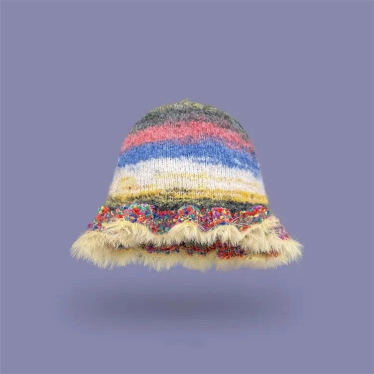 Yellow 2024 New Retro Color Striped Oil Painting Style Bucket Hats Women Autumn and Winter Japanese Literary Fashion Warm Knitted Caps