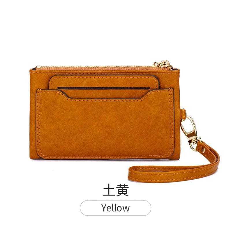 Yellow 2024 New Women's Wallet Medium Retro Style Zipper Folding Multi Card Large Capacity Handbag Wallet Clip Wrist Strap